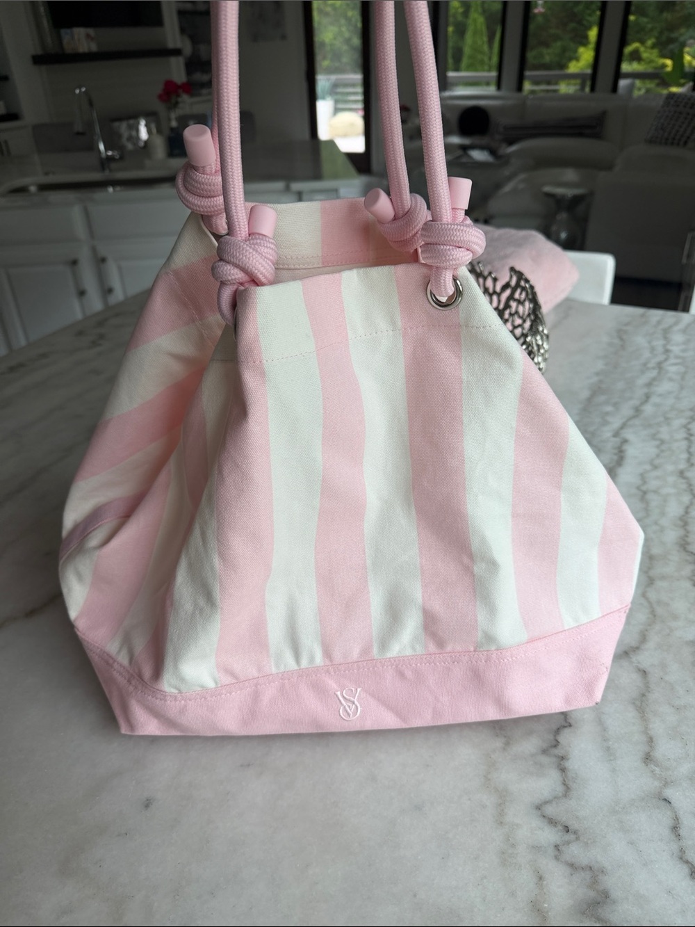 Victoria's Secret Pink & White Striped Canvas Drawstring Tote - Picture 1 of 1
